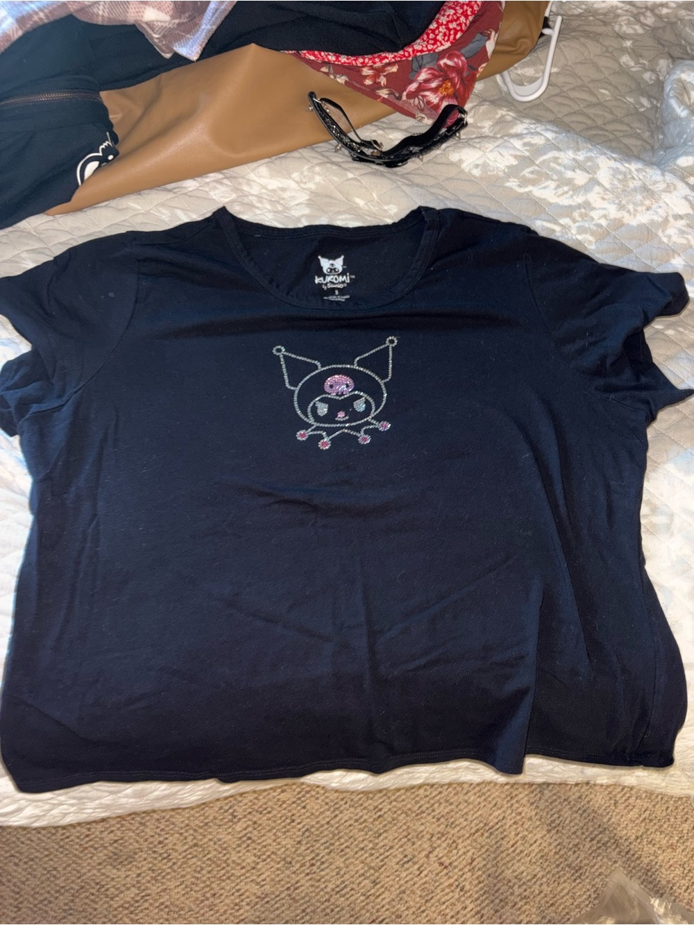 Rhinestone Kuromi Cropped Black Graphic Tee